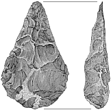 19th century drawing of a well shaped prehistoric hand ax in front and side views