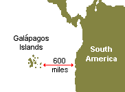 map of the Galapagos Islands in relationship to South America 600 miles to the east